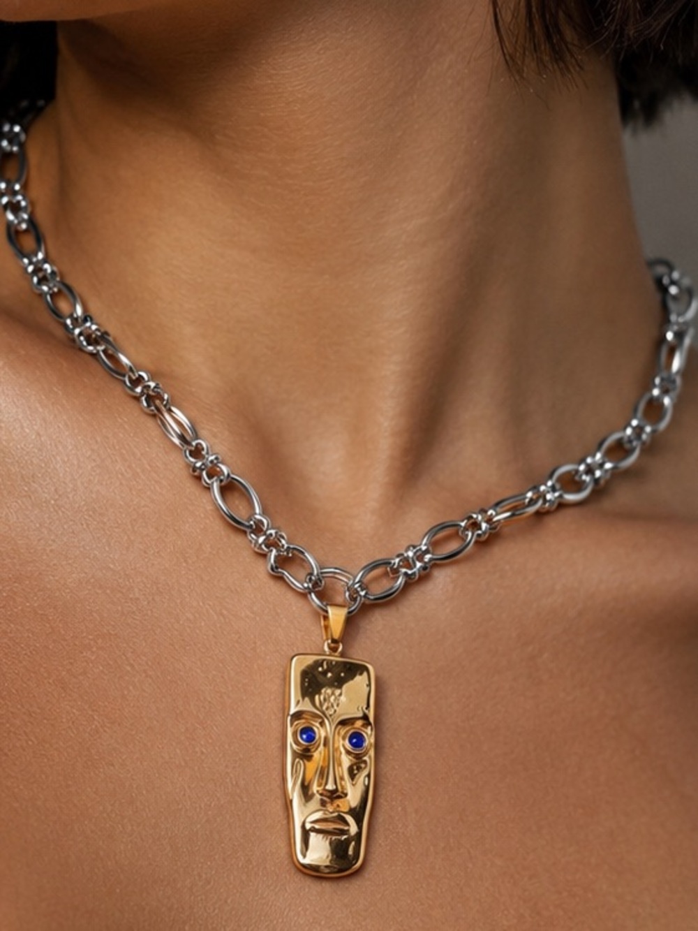Abstract Face Pendant Necklace with Silver Chain